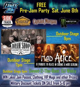 A flyer for the Lakes Jam Pre-Jam Party at the Side Track.